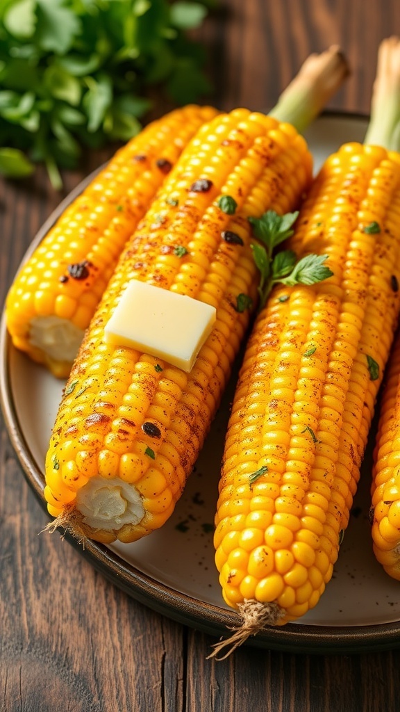 Air Fryer Corn on the Cob Recipe Air fryer corn on the cob with butter and spices, garnished with herbs on a rustic table.